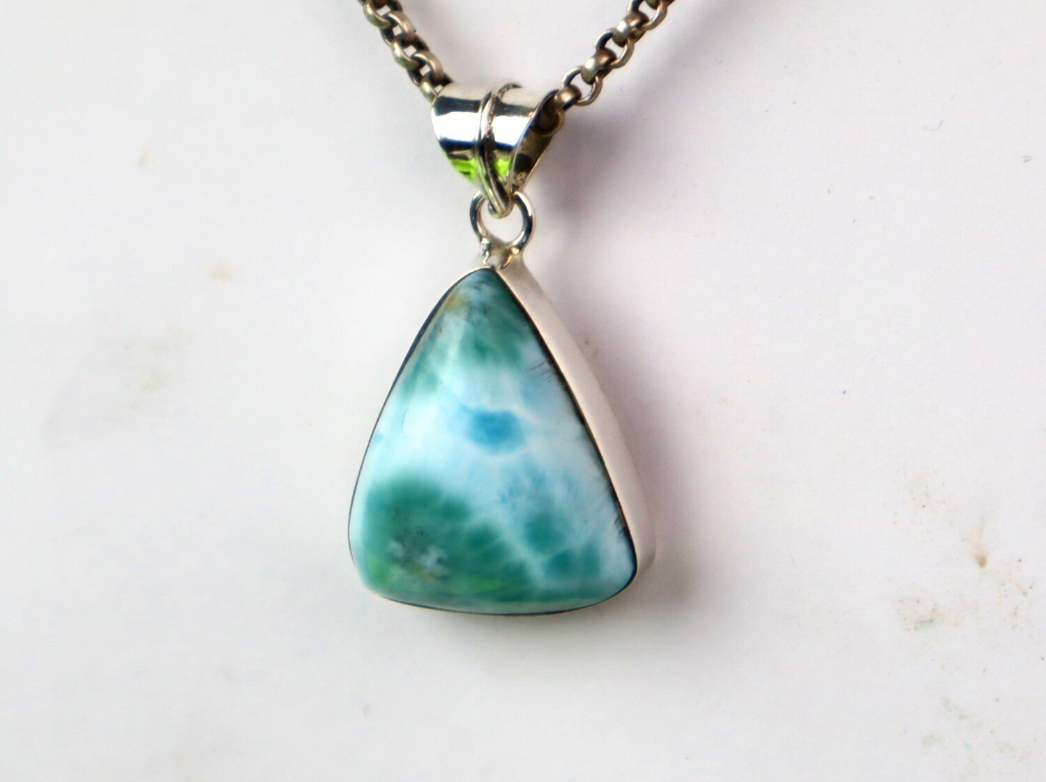 Excellent Natural Ocean Blue Triangular Larimar 925 Sterling Silver Pendant 34mm – photo 4