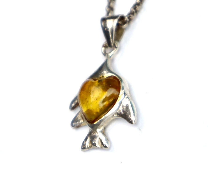 Natural Clear Orange Yellow Amber .925 Sterling Silver Fish Heart Pendant 36mm – photo 6