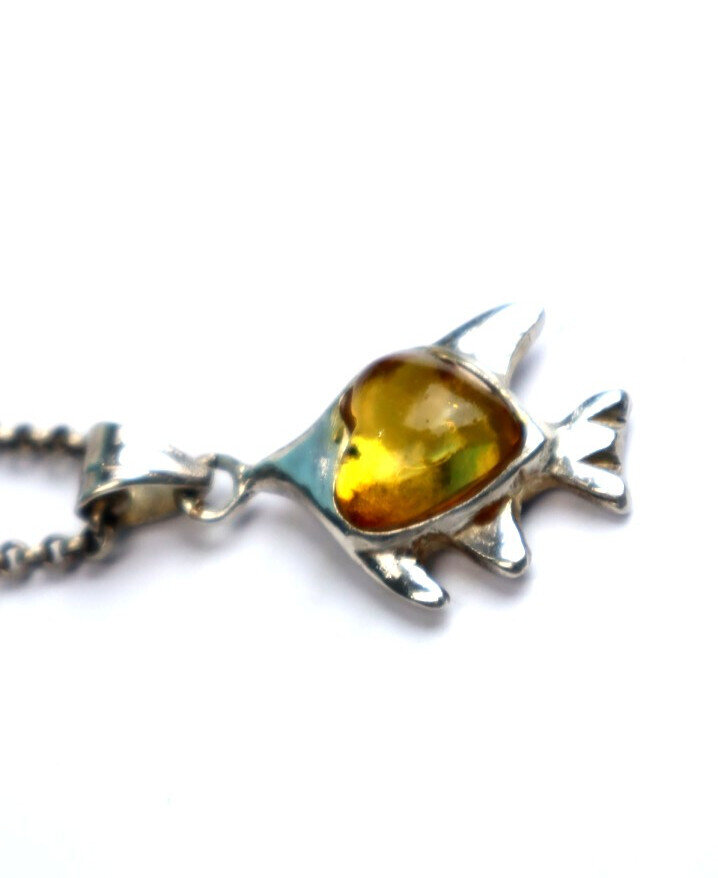 Natural Clear Orange Yellow Amber .925 Sterling Silver Fish Heart Pendant 36mm – photo 7